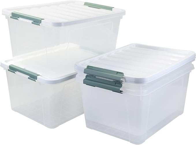 35 Quart Latch Box, Plastic Storage Bins with Lids, 4-Pack Stackable Clear Storage Organizing Box with Heavy Duty Latches