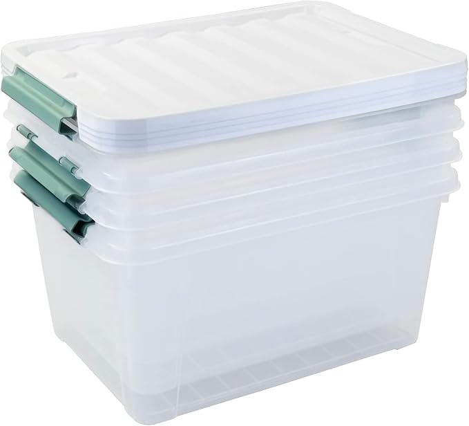 35 Quart Latch Box, Plastic Storage Bins with Lids, 4-Pack Stackable Clear Storage Organizing Box with Heavy Duty Latches