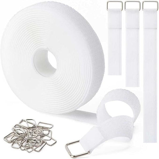 1" x16Ft Hook and Loop Straps with 25 Metal Buckles, Adjustable Fastening Cable Straps, Free Cut Length, Reusable Nylon Cable Ties for Organizer or Storage, White