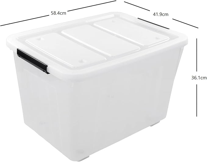 Xyskin Large Storage Bin with Buckle Down Lid, Clear Plastic Storage Organizer Container with Wheels, 70 L, 4 Pack