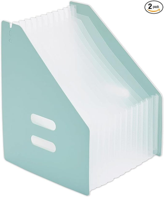 Y YOMA 2 Pack Expanding Magazine Holder with 13 Pockets | Portable Desktop Plastic Self Standing Accordion File Organizer for A4 Letter Size Document Storage Home Office School, Mint Green