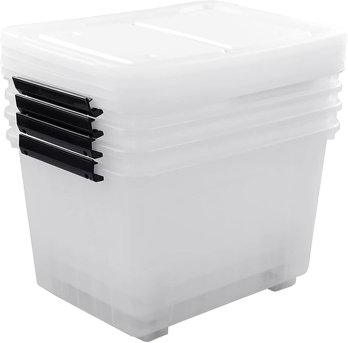 Xyskin Large Storage Bin with Buckle Down Lid, Clear Plastic Storage Organizer Container with Wheels, 70 L, 4 Pack