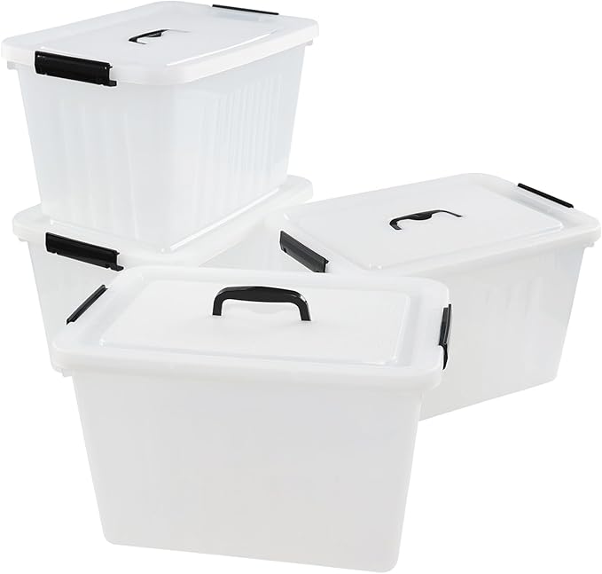 20 L Plastic Storage Bins with Latching Lids, Stackable Storage Containers for Garage, Closet, Kitchen, 4 Packs