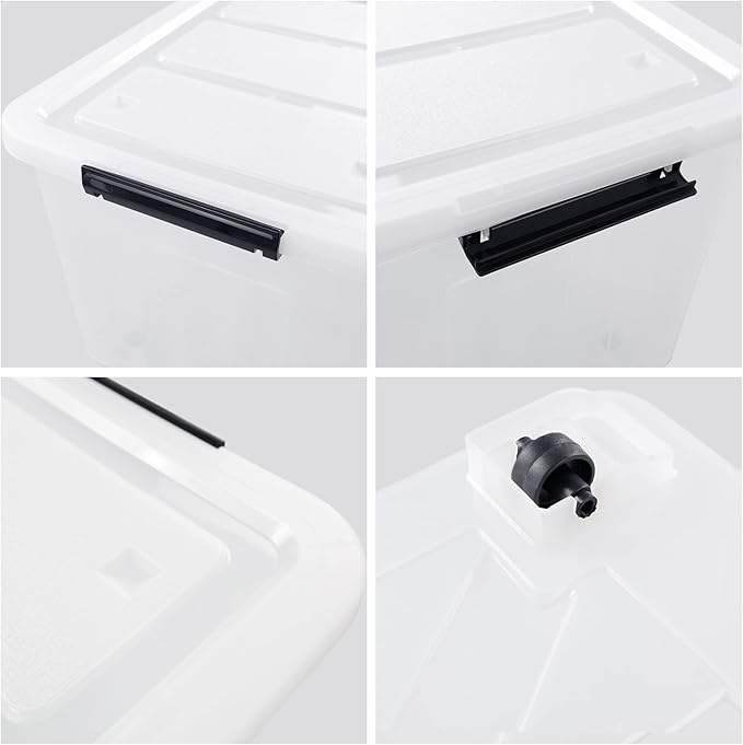 Xyskin Large Storage Bin with Buckle Down Lid, Clear Plastic Storage Organizer Container with Wheels, 70 L, 4 Pack