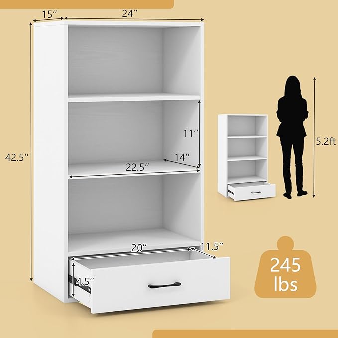 4-Tier Bookcase with Drawer, Wooden Cube Storage Organizer, Modern Display Shelf, Small Bookshelf for Small Spaces, 42.5" Tall Book Shelf for Classroom, Kid's Room, Bedroom (White)