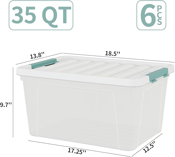 35 Quart Plastic Stackable Storage Container Tote with Secure Latching Lid for Home and Office Organization, Clear Box with White Lid (Pack of 6)
