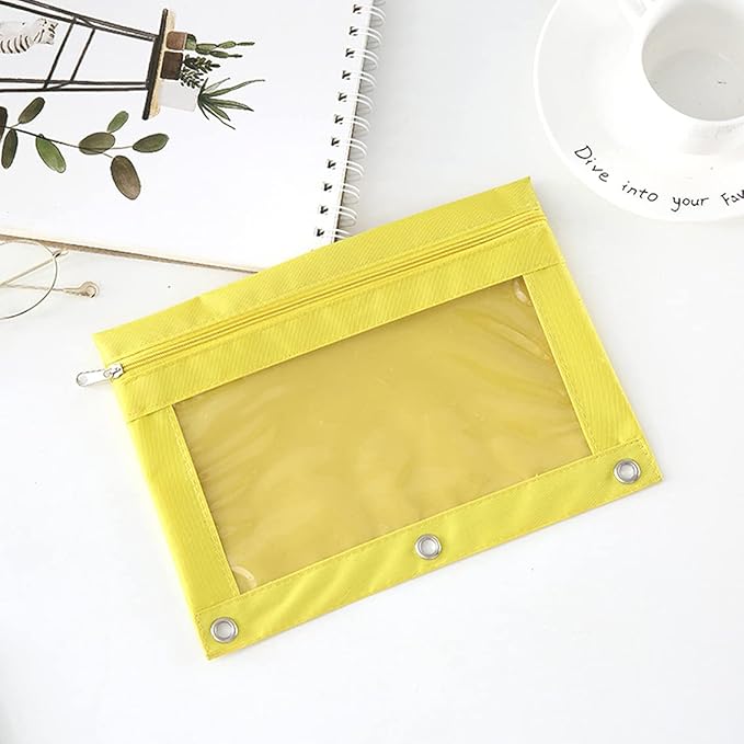 Zippered Pen Pencil Binder Pouch 3 Rings with Clear Window for School Classroom Organizers 8 Pcs (Yellow)