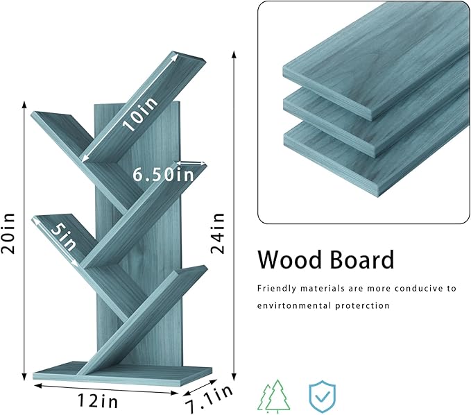 5 Tier Tree Book Shelf, Small Desktop Bookshelf with Storage Organizer, Wood Bookcase, Desk Display Bookshelves, Floor Standing Organizer Bookcases for Living Room,Bedroom,Office-Blue