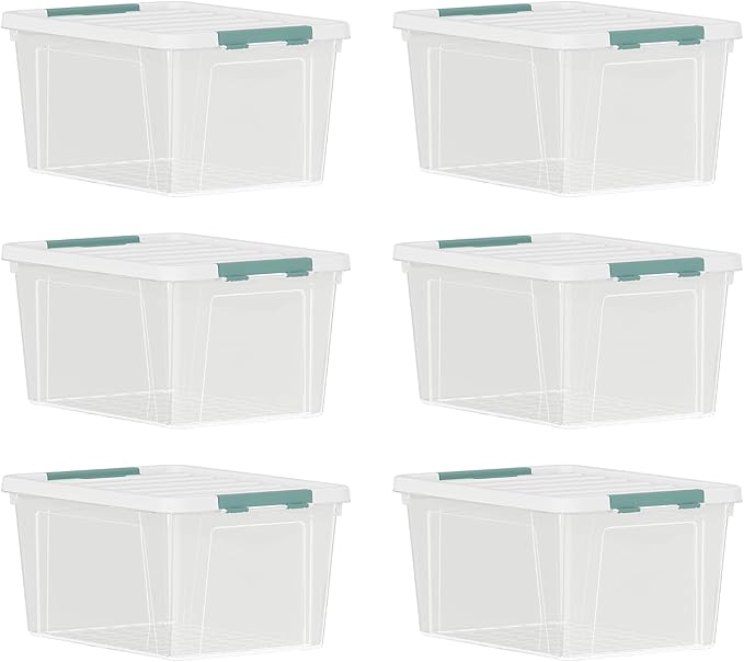 35 Quart Plastic Stackable Storage Container Tote with Secure Latching Lid for Home and Office Organization, Clear Box with White Lid (Pack of 6)