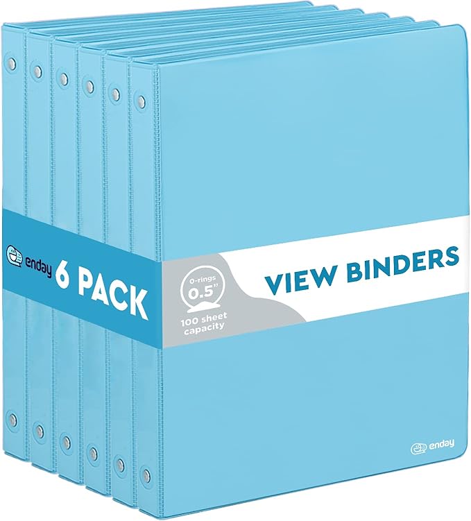 ½ Inch 3 Ring Binder Blue .5 Inch Round Ring Clear View Cover with 2 Inside Pockets Binders, Colored School Supplies Binders, Also Available in Pink, Red, Green, Purple, and Grey (6 PC) – by Enday