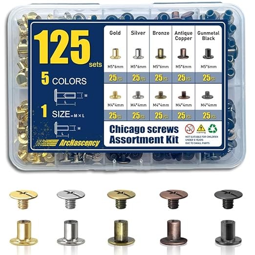 125 Sets Multicolor Assortment Chicago Screws Leather Rivets Kit, 1 Sizes M5*6 & 1 Screw Lengths M4*4 for Belts, Bookbinding, DIY Leather (Multicolor Assortment)