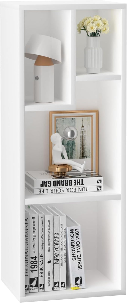 VECELO 3-Tier Small Bookcase, 4 Cube Bookshelf with Height Difference Shelves for Most Books, Modern Floor Standing Unit, Each Shelf Hold Up to 66 LBS for Living Room Bedroom, Pearl White