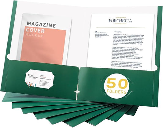 Zzrywuty File Folders with Pockets Letter Size, 50-Pack Paper Folders with Card Slot, Two Pocket Folders for School Students, Businessmen, Home and Office Workers（Dark Green）