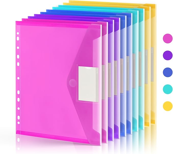 10 Pack File Folders, 11 Ring Binder Folders with Pockets, Plastic Envelopes, Clear Folder for Documents with Label, 3 Ring Binder Pocket Organizer Letter Size A4 Size