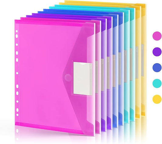 10 Pack File Folders, 11 Ring Binder Folders with Pockets, Plastic Envelopes, Clear Folder for Documents with Label, 3 Ring Binder Pocket Organizer Letter Size A4 Size