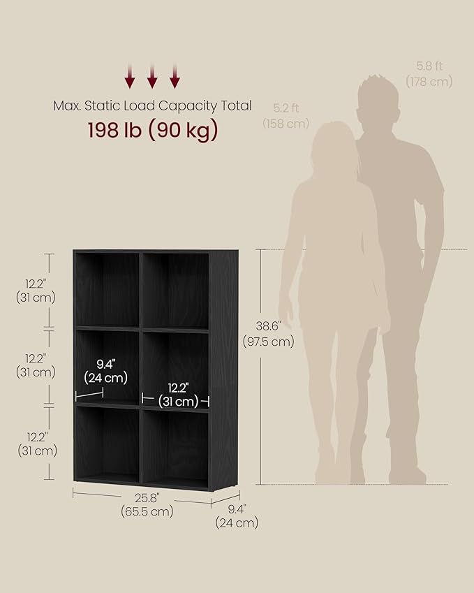 VASAGLE Custos Collection - Bookshelf, Bookcase, Cube Shelf with 6 Compartments, 9.4 x 25.8 x 38.6 Inches, Storage Shelf, for Living Room, Home Office, Dining Room, Ebony Black ULBC423B01