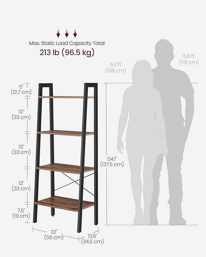 VASAGLE Ladder Shelf, 4-Tier Bookshelf, Storage Rack, Bookcase with Steel Frame, for Living Room, Home Office, Kitchen, Bedroom, Industrial Style, Hazelnut Brown and Ink Black ULLS044B03