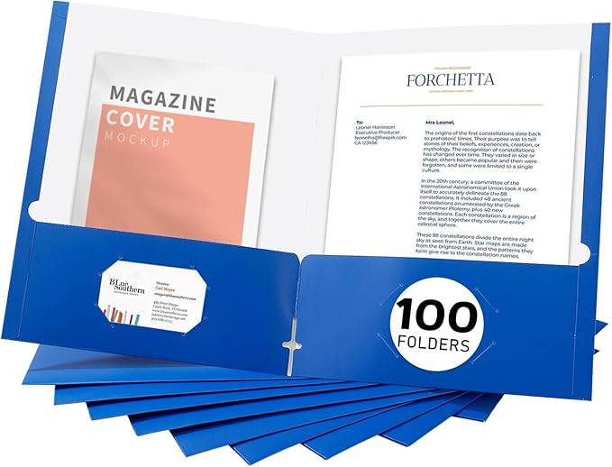 Zzrywuty File Folders with Pockets Letter Size, 100-Pack Paper Folders with Card Slot, Two Pocket Folders for School Students, Businessmen, Home and Office Workers（Blue）