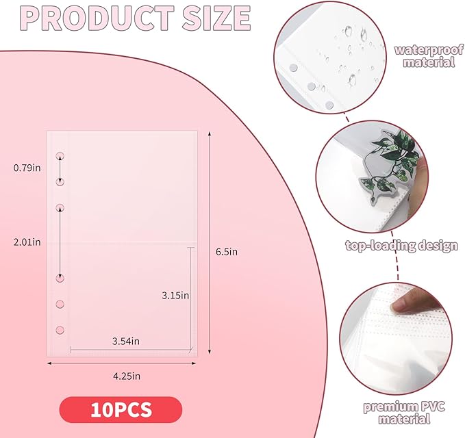 10 Sheets Clear Sticker Book Sleeves Pockets, Sticker Organizer Album Inserts for 6 Ring A6 Binder, for Organize Binder Stickers, Photos, Tickets, Cards, Cash, 2 Pocket