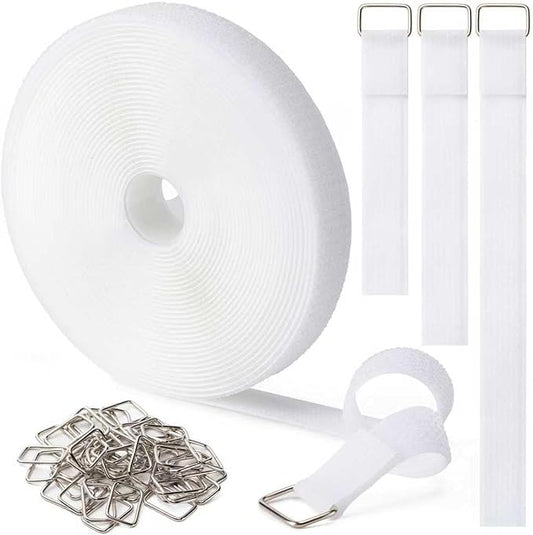 1" x32Ft Hook and Loop Straps with 50 Metal Buckles, Adjustable Fastening Cable Straps, Free Cut Length, Reusable Nylon Cable Ties for Organizer or Storage, White