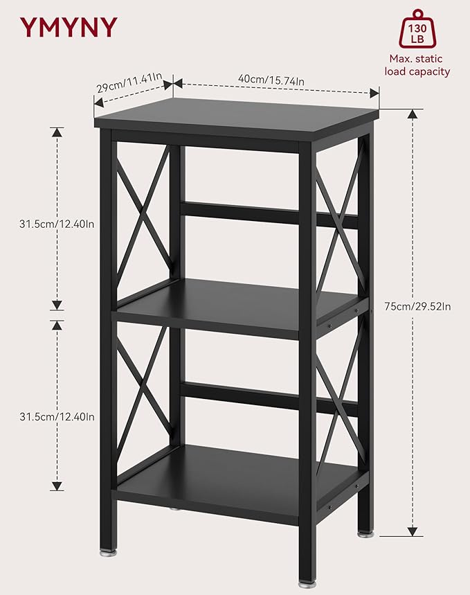 YMYNY 3 Tiers Bookcase, Industrial Metal Bookshelf with Side Fence, Storage Organizer for Living Room, Home Office, Bedroom, Display Racks, Sofa Side Table, 29.5 * 15.75 * 11.4", Black UHST008B