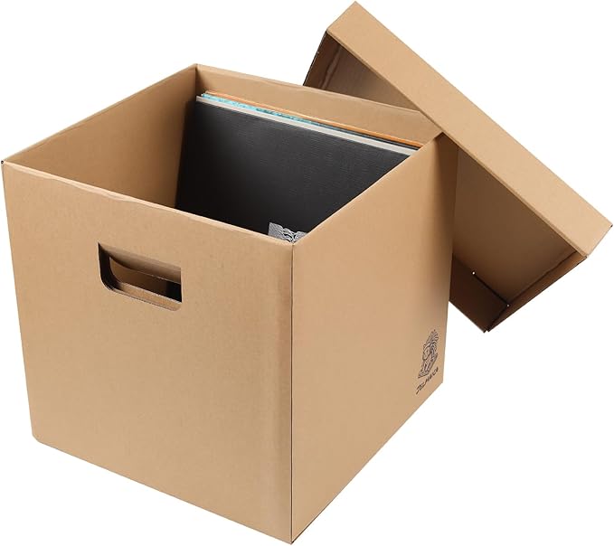 12" Vinyl Record Storage and Moving Box - Sturdy Cardboard with Removable Lid - Holds up to 60 Records or Laser Discs - Set of 2 Boxes (2) (2)