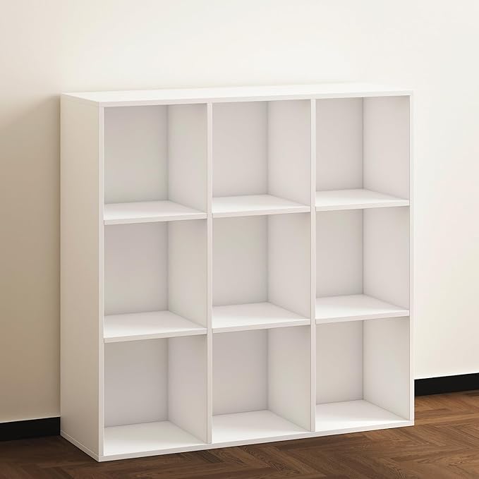 Wooden 9 Cube Storage Organizer with Closed Back Panel,White Cube Shelf Cubby Storage Organizer with Compartments for Living,Bookshelf,Storage Organizers Easy to Install (White, 9 Cube)