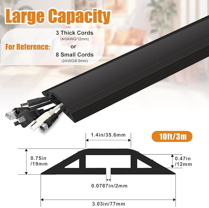 10 ft Cord Covers for Wires on Floor, Heavy Duty PVC Duct Floor Cord Cover, Floor Cable Cover Easy to Unroll Prevent Trip Hazard for Home Office or Outdoor Settings (Black)