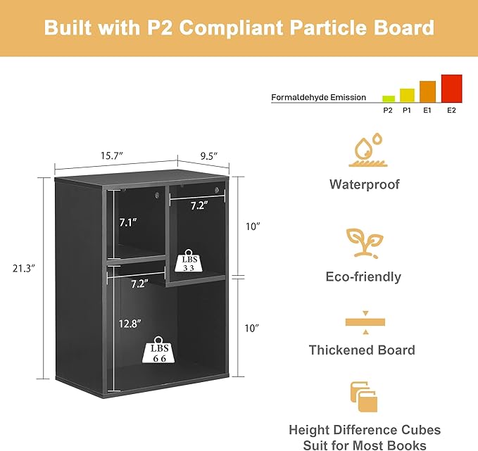 VECELO 3-Cube Bookshelf, Fits Tallest Hardcovers, Horizontal Available, Modern Bookcase, Cubby Storage Organizer for Small Space, Bedroom, Living Room,Black