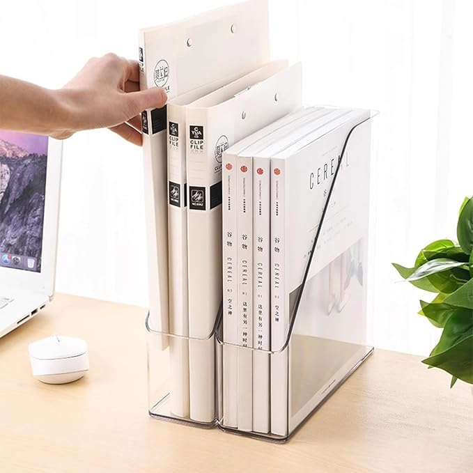 Vertical File Holder Clear PET Desk Organizer and Storage Bins Holding for Magazines Binders Notebooks Envelopes File Organizer for Desk Multi-purpose Plastic Document Organizer Work Desktops
