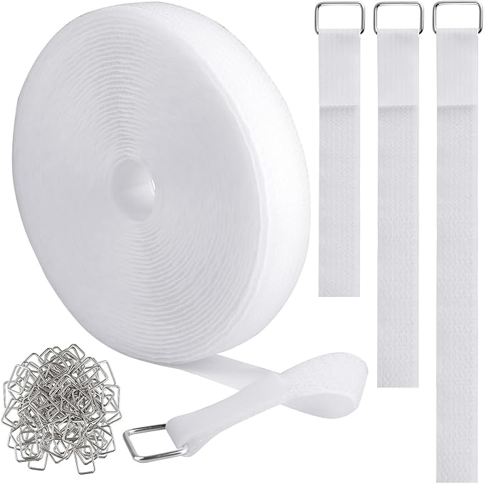 1"x32ft Hook and Loop Straps with 50 Metal Buckles, Adjustable Fastening Cable Straps, Cut-to-Length Cinch Strap, Reusable Nylon Securing Cord Ties for Organizer or Storage, 1 inch Wide, White