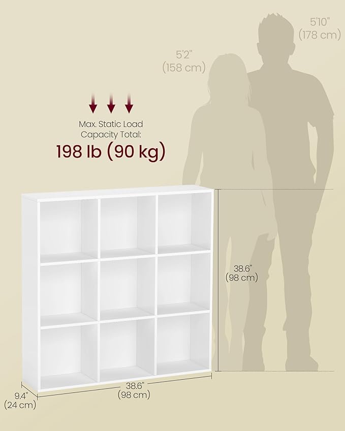 VASAGLE Custos Collection - Bookshelf, Bookcase, Cube Shelf with 9 Compartments, 9.4 x 38.6 x 38.6 Inches, Storage Shelf, for Living Room, Home Office, Dining Room, Cloud White ULBC477W01