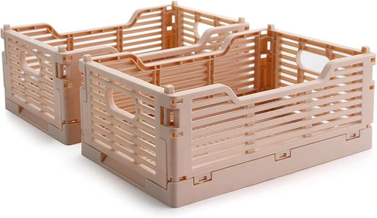 2-Pack Foldable Crates, Plastic Storage Baskets Crate for Organizing, Collapsible Storage Crates for Home Kitchen Classroom Office Bedroom Bathroom (8.66''x5.91''x3.54'', Pink)