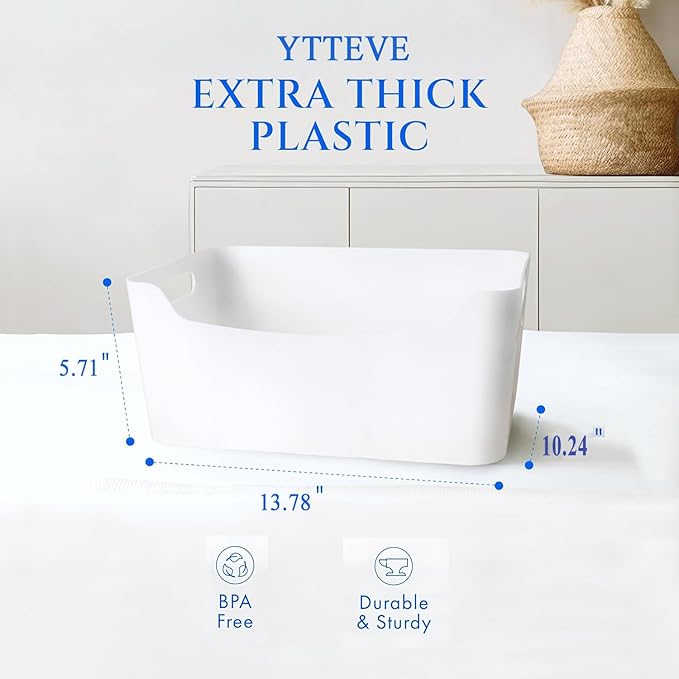 XL - 3 Pack White Plastic Storage Bins for Shelves, Closet Kitchen Storage Containers for Pantry Bathroom Office Organization Baskets, Cabinet Organizing Containers, White Organizer Bins for Shelves