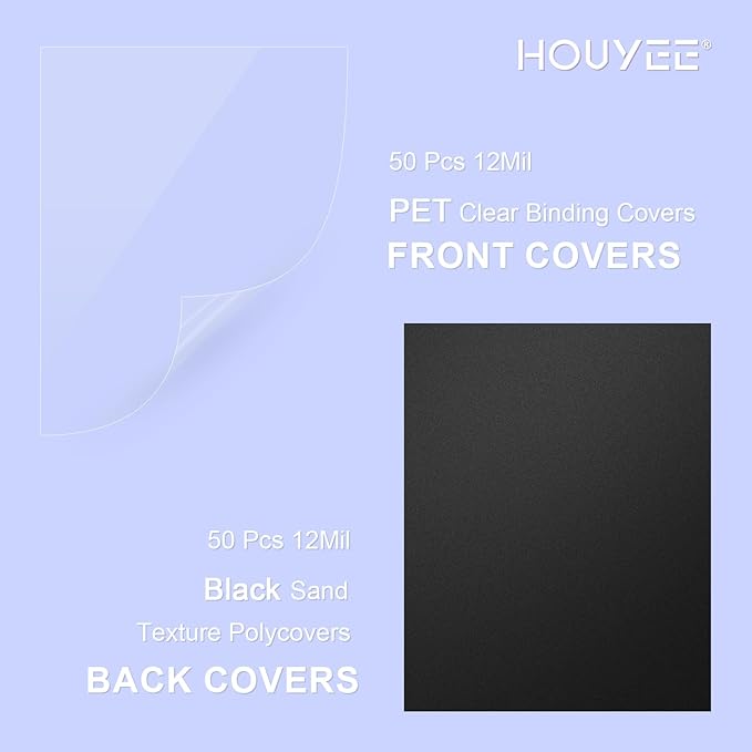 100 Pack Binding Covers Set, 8.5x11 Inches, Including 50 Pcs 12 Mil Ultra Clear PET Binding Covers, 50 Pcs 12 Mil Black Sand Textured