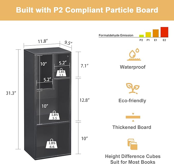 VECELO 3-Tier Small Bookcase, 4 Cube Bookshelf, Fits Tallest Hardwares, Modern Floor Standing Unit, Shelf Hold Up to 66 LBS for Living Room Bedroom, Black