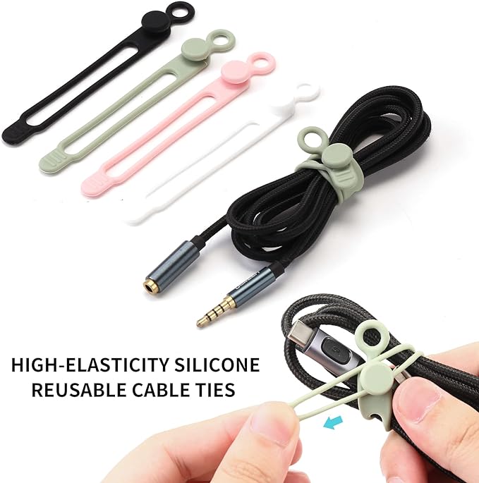 [12Park]UMUST Silicone Cable Ties, Reusable Cable Management Organizer, Cord Tie,Multipurpose Elastic Cord Organizer for Bundling and Fastening Cable Cords Wires(black,white,pink,green)
