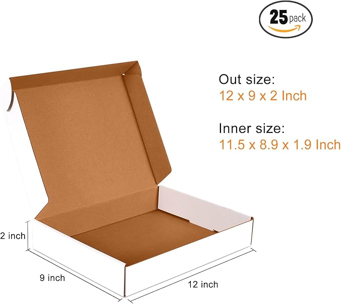 12x9x2 inch Small Shipping Boxes Set of 25, White Corrugated Cardboard Box Literature Mailer for Mailing Packing Moving and Storage