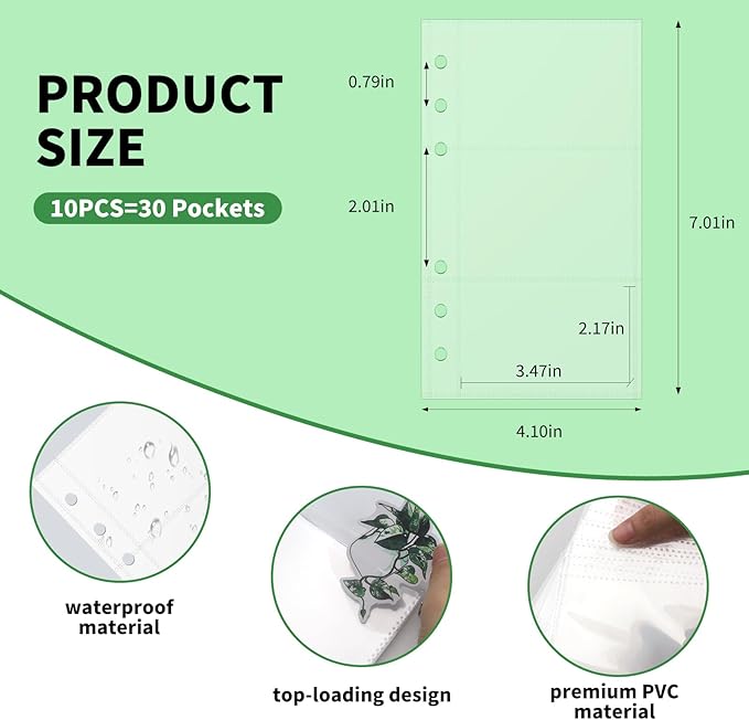 10 Sheets Multi-Compartment Clear Sticker Book Sleeves Pockets, Sticker Organizer Album Inserts for 6 Ring A6 Binder, for Organize Binder Stickers, Photos, Tickets, Cards, Cash, 3 Pocket