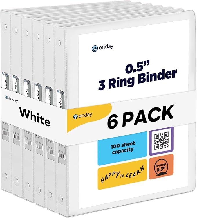 ½ Inch 3 Ring Binder .5 inch White Clear View Cover with 2 Inside Pockets, Colored School Supplies Office and Home Binders, 6 Pack – by Enday