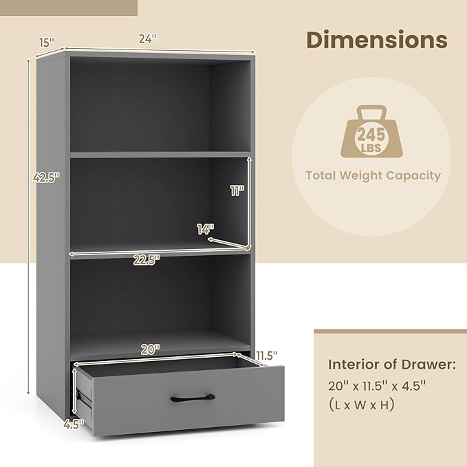 4-Tier Bookcase with Drawer, Wooden Cube Storage Organizer, Modern Display Shelf, Small Bookshelf for Small Spaces, 42.5" Tall Book Shelf for Classroom, Kid's Room, Bedroom (Grey)