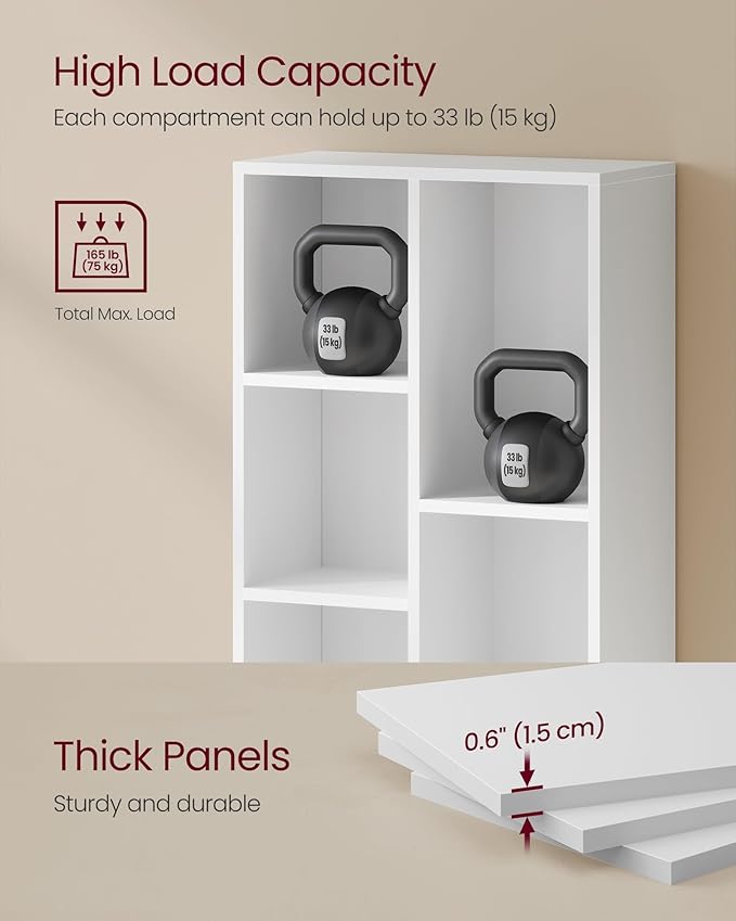 VASAGLE Bookcase, Bookshelf with 5 Compartments, Freestanding Shelves and Cube Organizer, Display Shelf for Small Spaces, for Living Room, Bedroom, and Home Office, Cloud White ULBC25WT
