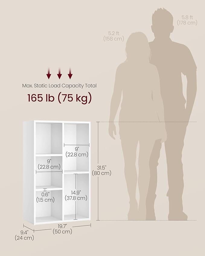 VASAGLE Bookcase, Bookshelf with 5 Compartments, Freestanding Shelves and Cube Organizer, Display Shelf for Small Spaces, for Living Room, Bedroom, and Home Office, Cloud White ULBC25WT