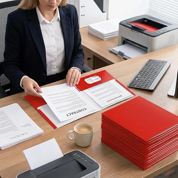 Zzrywuty File Folders with Pockets Letter Size, 25-Pack Paper Folders with Card Slot, Two Pocket Folders for School Students, Businessmen, Home and Office Workers（Red）