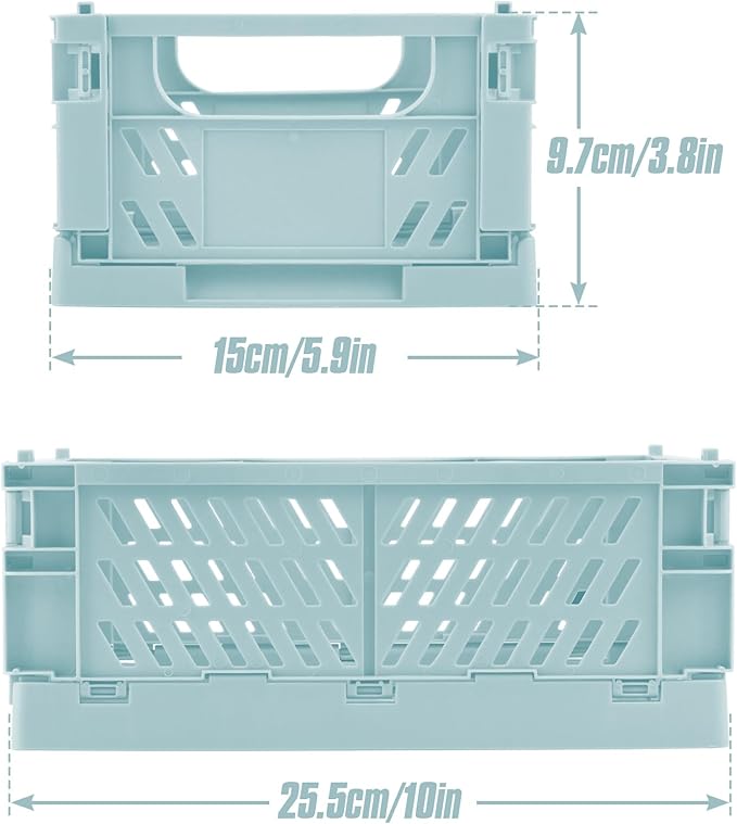 4 Pcs Collapsible Storage Crates, 10x5.9x4 inches Space-Saving Folding Containers, Stackable Plastic Boxes for Home Kitchen Office Bedroom Bathroom, Light Blue