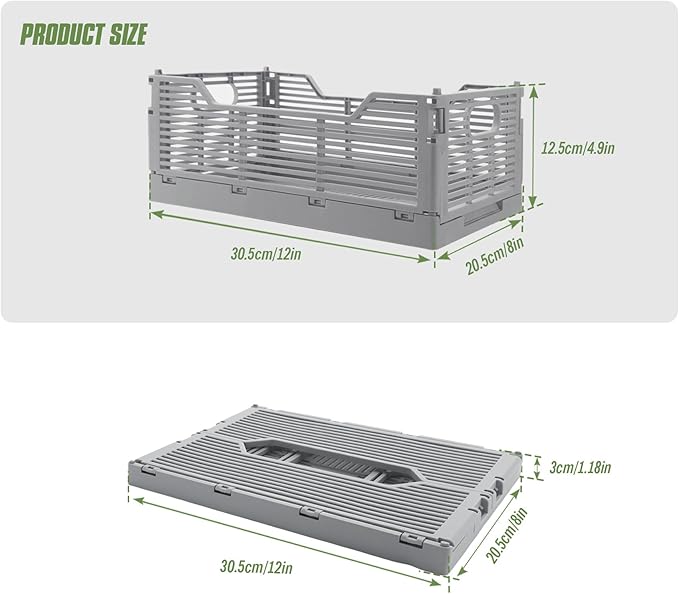 2-Pack Foldable Crates, Plastic Storage Baskets Crate for Organizing, Collapsible Storage Crates for Home Kitchen Classroom Office Bedroom Bathroom (12''x8.07''x4.92'', Gray)