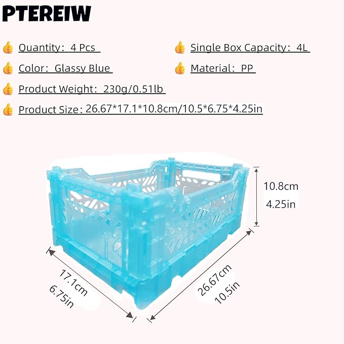 4Pack Pastel Plastic Storage Crates and Baskets, Collapsible Crates for Organizing, 4L Space Saving Bins for Classroom, Kitchen, Office, Bedroom,Desk Organizer. (Mix Colors)