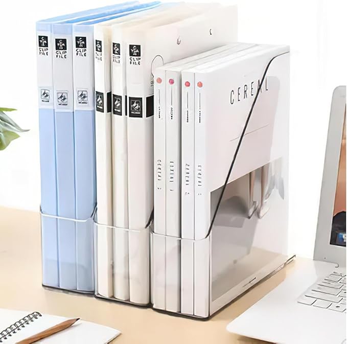 Vertical File Holder Clear PET Desk Organizer and Storage Bins Holding for Magazines Binders Notebooks Envelopes File Organizer for Desk Multi-purpose Plastic Document Organizer Work Desktops