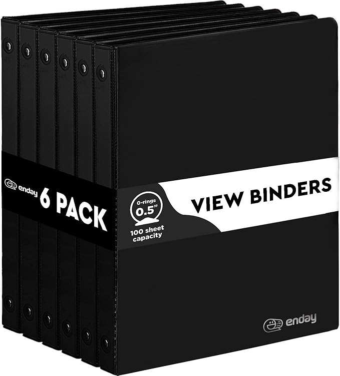½ Inch 3 Ring Binder .5 inch Black Clear View Cover with 2 Inside Pockets, Colored School Supplies Office and Home Binders, 6 Pack – by Enday