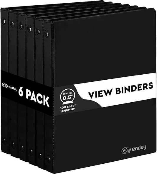 ½ Inch 3 Ring Binder .5 inch Black Clear View Cover with 2 Inside Pockets, Colored School Supplies Office and Home Binders, 6 Pack – by Enday